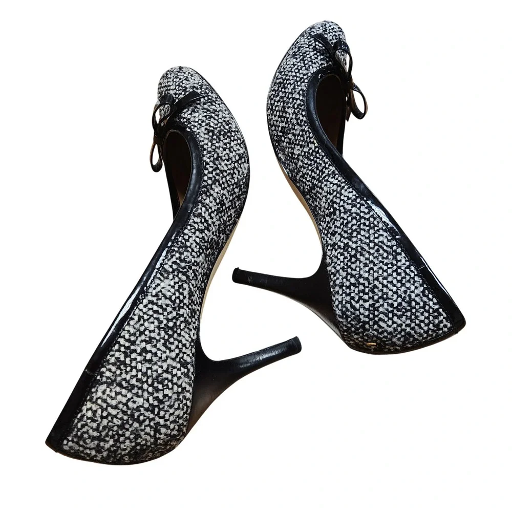 Talbots Black White Tweed Bow Pumps Heels Leather Sole Size 9M Womens Dress Shoe
